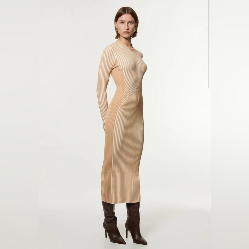 Karen Millen Stripe Fitted Long Sleeve Knitted Midi Dress